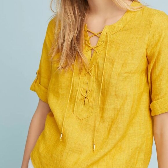 NWOT Maeve Linen Lace-Up Blouse in Mustard Yellow - Size 4 - Picture 4 of 10